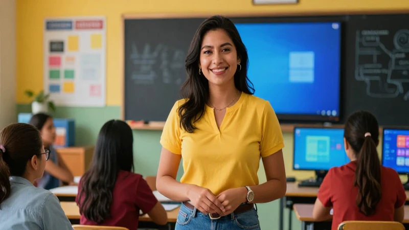 Maestra mexicana sonriente en aula optimista