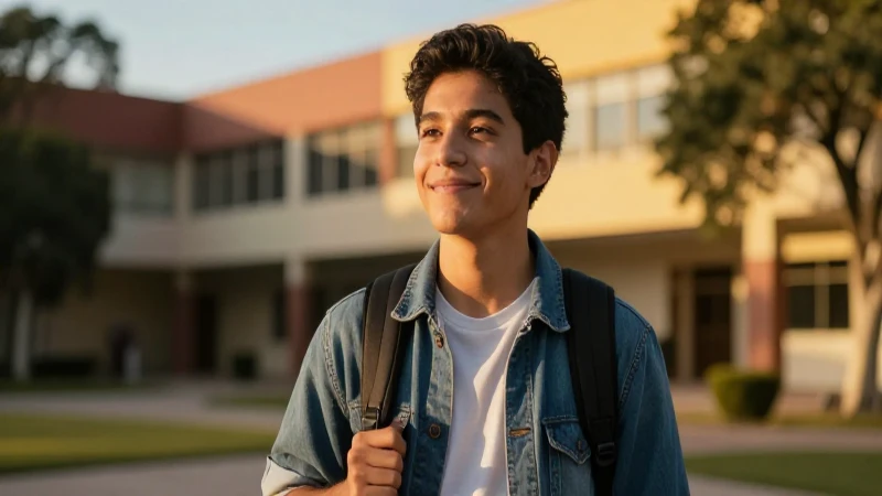 Estudiante mexicano optimista en campus al atardecer