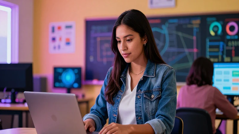Joven maestra mexicana en aula moderna vibrante