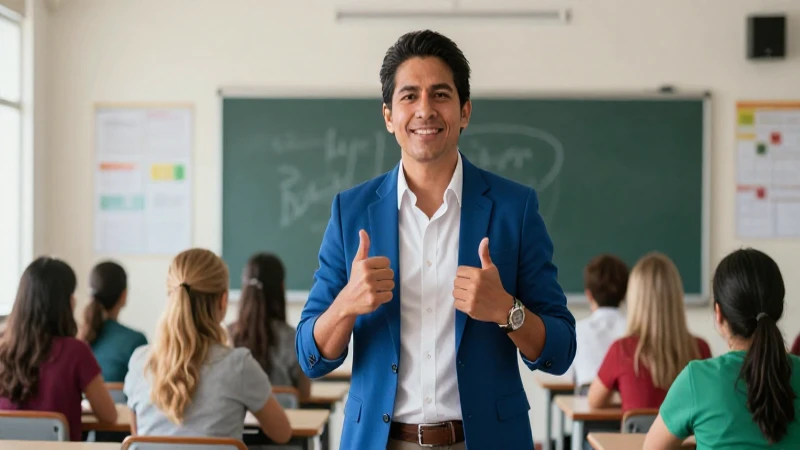 Maestra mexicana profesional en aula moderno y dinámico