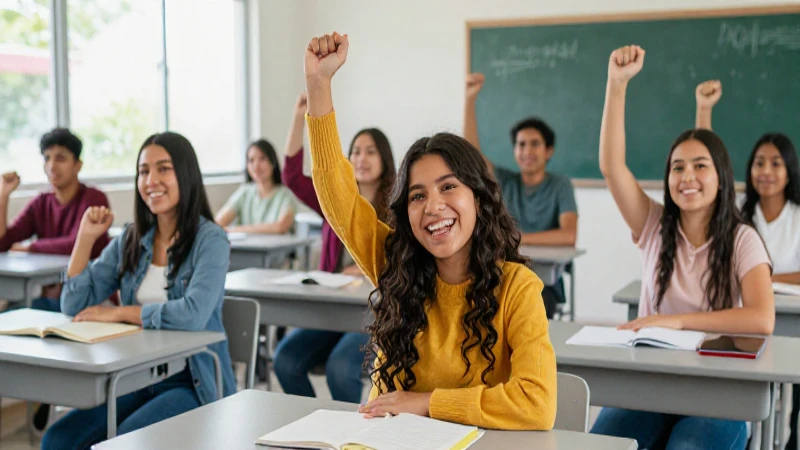 Estudiantes mexicanos celebrando éxito en un aula vibrante