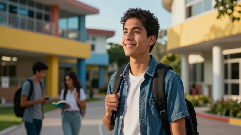 Joven estudiante sonríe en campus académico vibrante