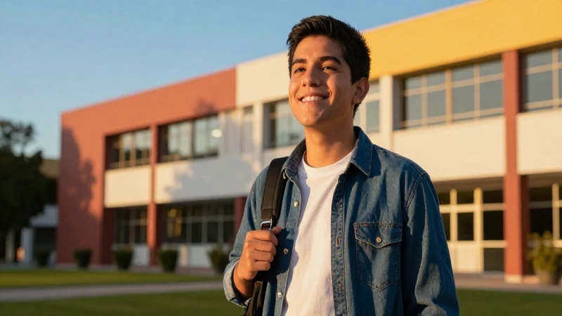 Estudiante mexicano sonriente en campus moderno