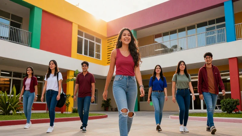Campus educativo moderno con estudiantes mexicanos exitosos