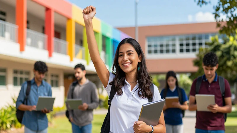 Estudiante mexicano exitoso en campus moderno y brillante
