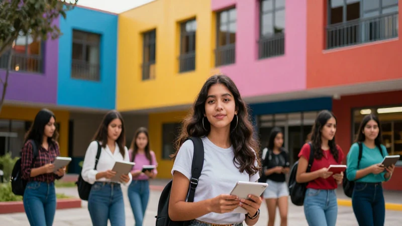Joven estudiante exitosa en universidad vibrante