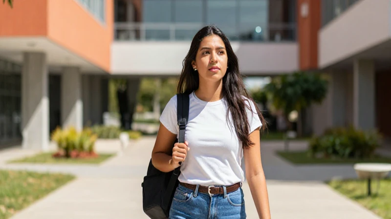 Estudiante mexicano en campus moderno y soleado