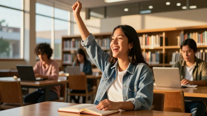 Estudiante feliz en biblioteca con luz dorada cinematográfica