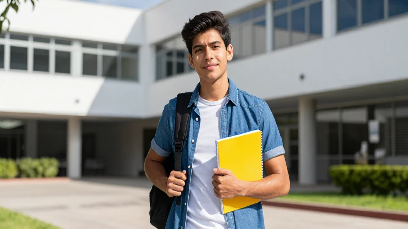 Joven estudiante mexicano en campus moderno