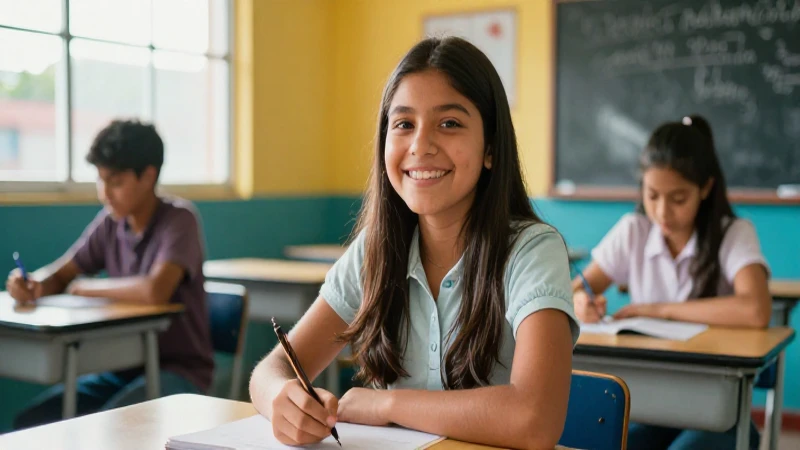 CuƔndo se publica la convocatoria de Telebachillerato Comunitario 32 Estudiante mexicano alegre en aula moderna y luminosa