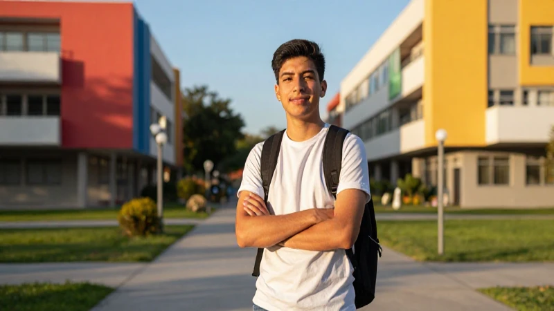 Estudiante mexicano en campus, luz dorada vibrante