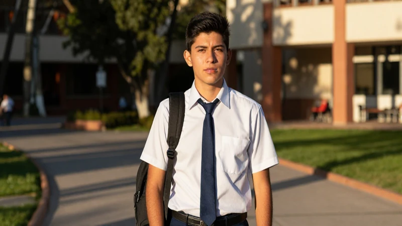 Estudiante mexicano en campus al atardecer