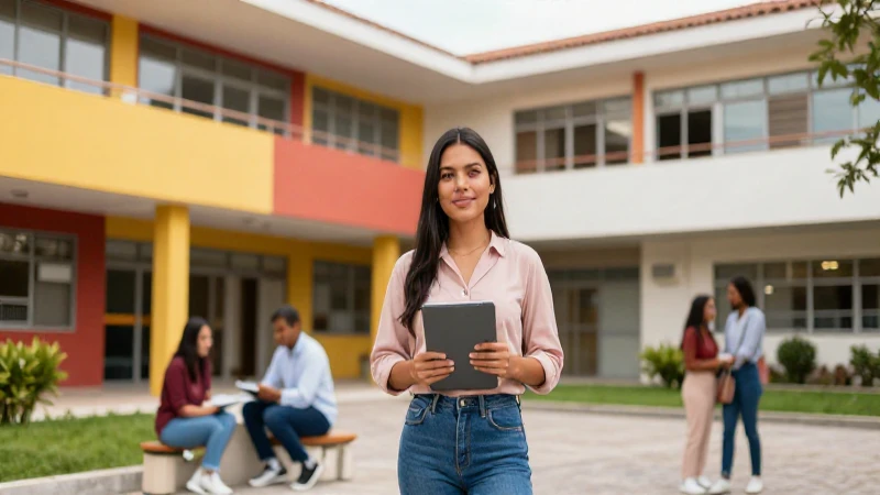 Joven maestra en campus universitario moderno