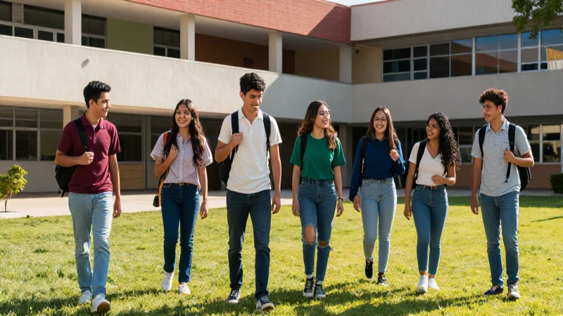 Estudiantes mexicanos sonriendo en campus vibrante