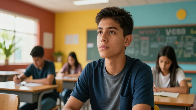Estudiante mexicano pensativo en aula moderna