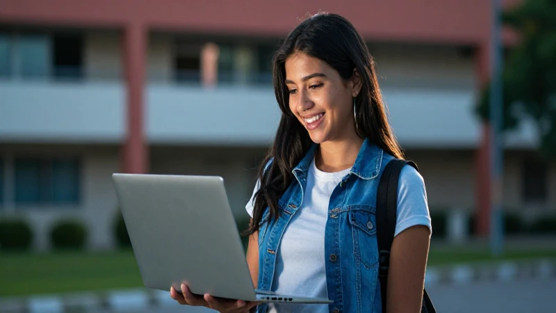 Estudiante mexicana sonriente con portátil en campus moderno