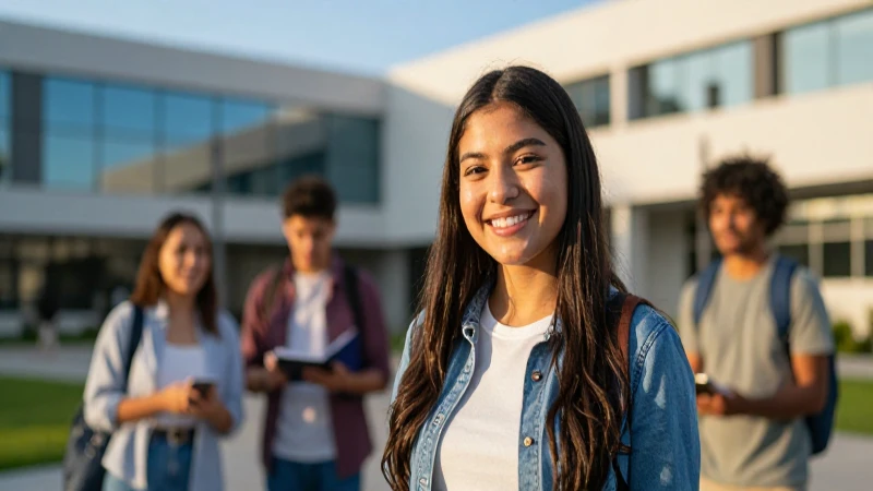 Estudiante mexicano feliz en campus moderno y vibrante