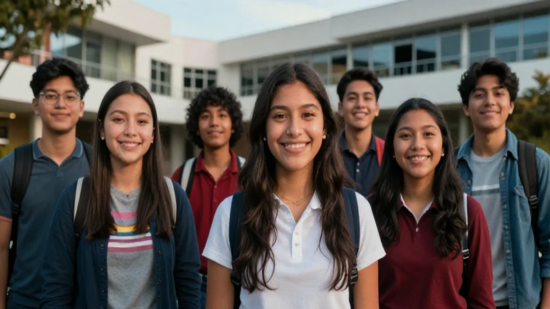 Estudiantes mexicanos sonriendo en campus moderno