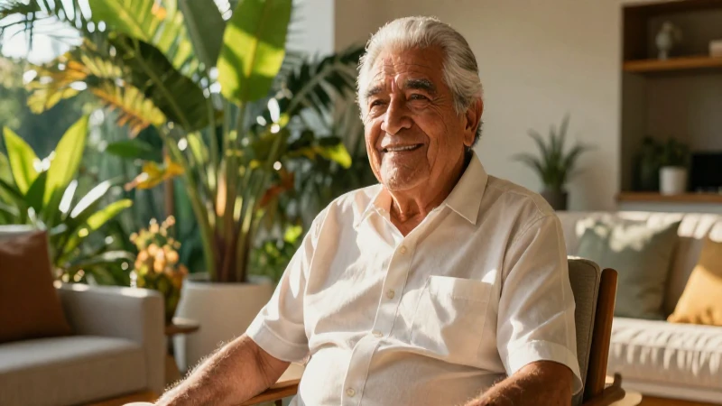 Hombre mexicano sonriendo en salón moderno y soleado
