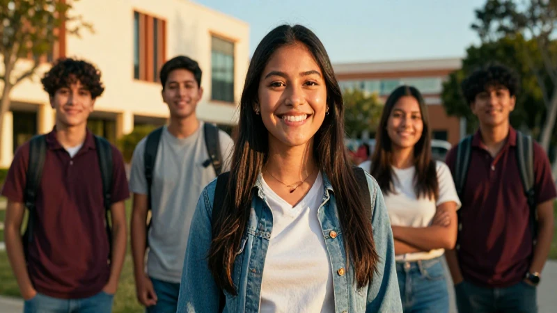 Joven mexicano sonriente en campus moderno