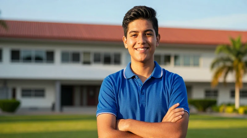 Estudiante mexicano vibrante en campus dorado