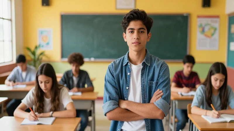 Estudiante mexicano exitoso en aula vibrante