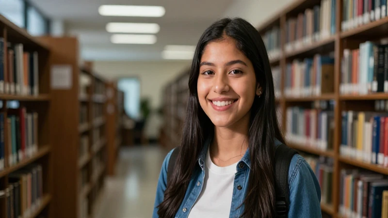 Estudiante mexicano sonriente en biblioteca universitaria