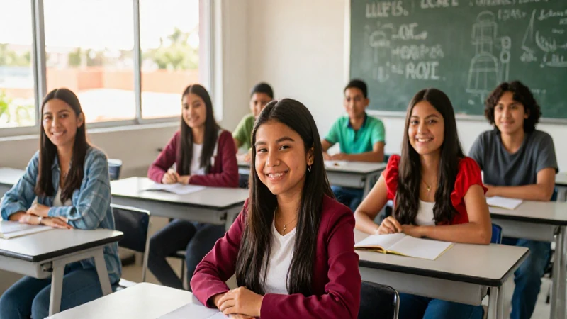 Estudiantes mexicanos sonríen en clase moderna y brillante