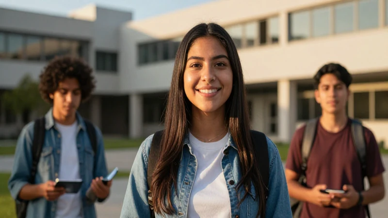 Estudiante mexicano sonriente en campus moderno
