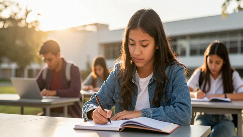 Joven mexicano estudia en campus bajo luz dorada