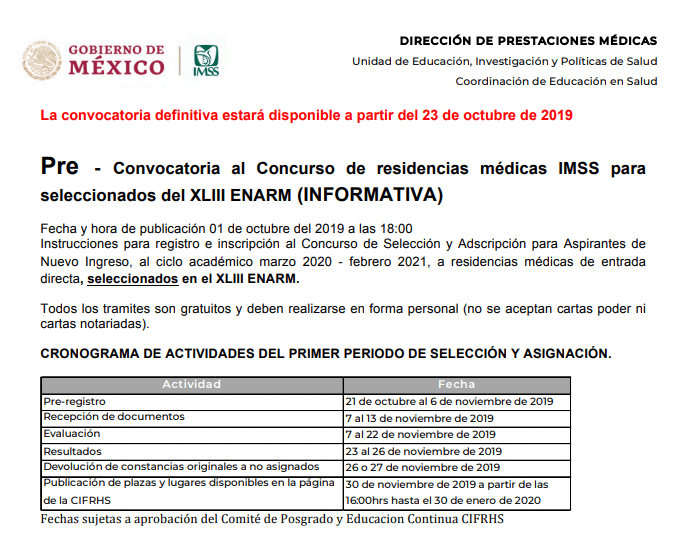 Fecha y aplicación de la convocatoria de residencia del IMSS