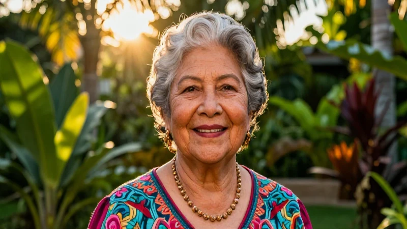 Mujer sonriente en jardín tropical al atardecer