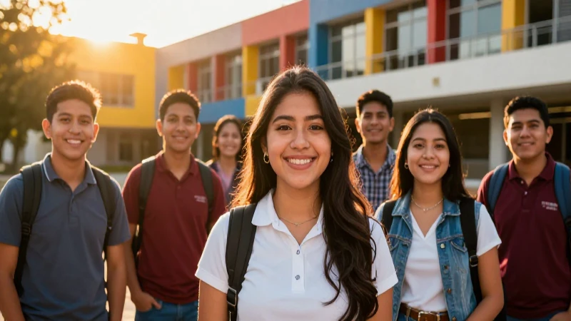 Estudiantes mexicanos felices bajo luz dorada y moderna