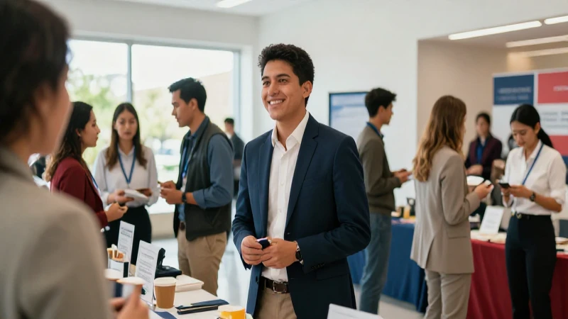 Joven mexicano optimista en feria laboral moderna