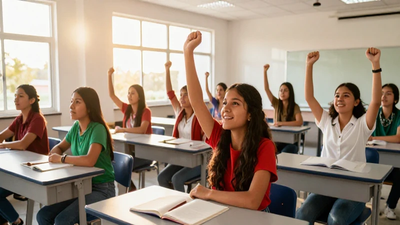Estudiantes mexicanos celebrando éxito en aula vibrante