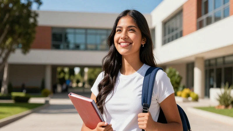 Joven universitaria mexicana exitosa y alegre en campus moderno
