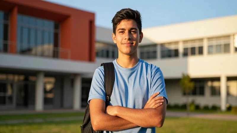 Estudiante mexicano sonriente en campus dorado