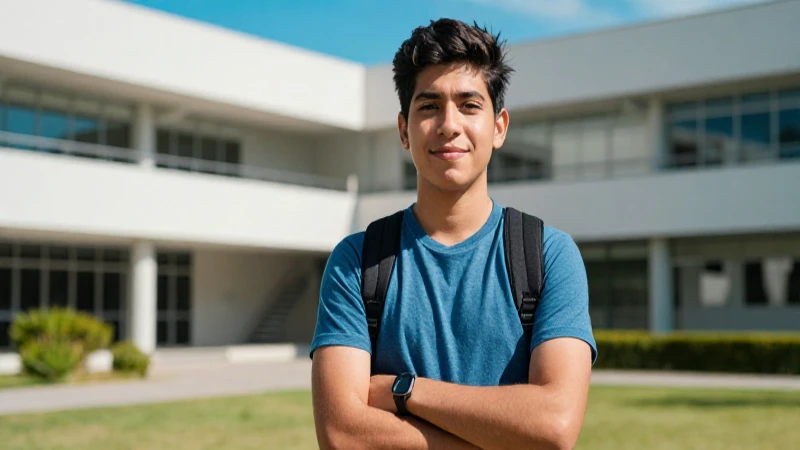 Joven estudiante mexicano en campus moderno