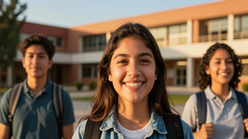 Estudiante mexicano sonríe en campus universitario vibrante