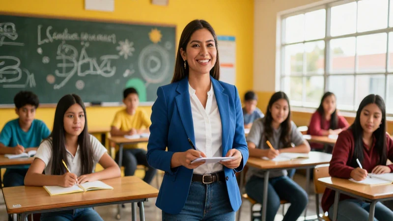 Maestra mexicana sonriente guía a alumnos entusiastas