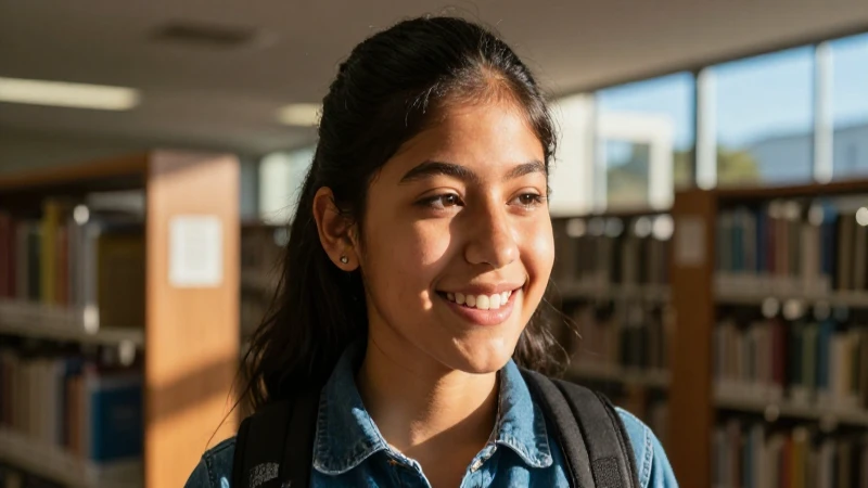 Estudiante mexicano alegre en biblioteca de éxito