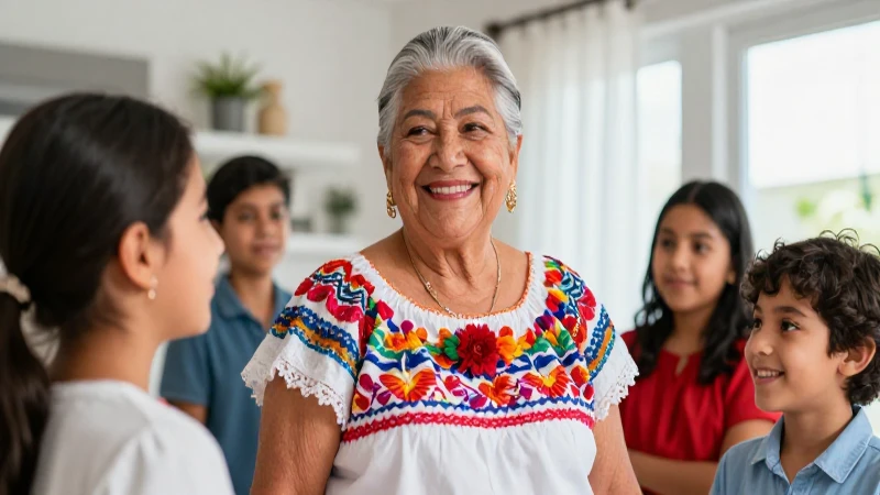 Abuela mexicana feliz con nietos en casa moderna