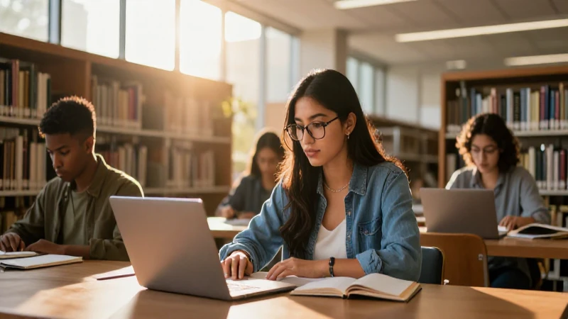 Estudiante mexicano enfocado en biblioteca con luz cinematográfica