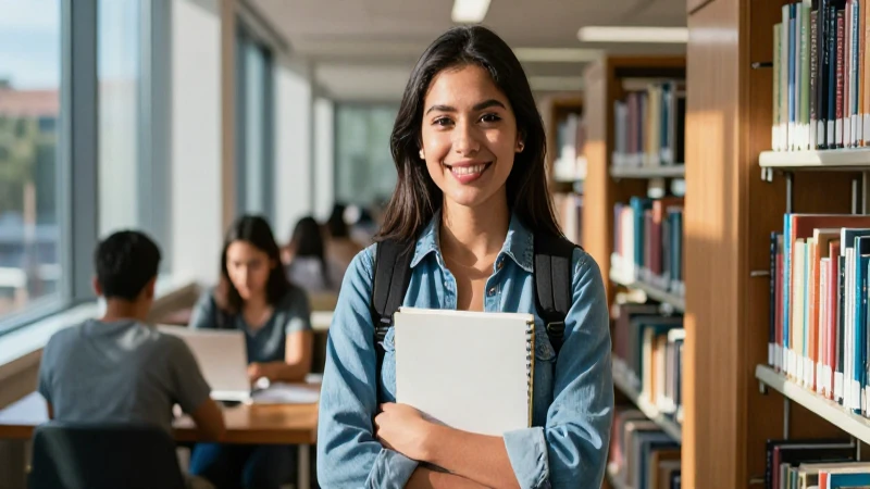 Estudiante mexicana atractiva sonriendo en biblioteca
