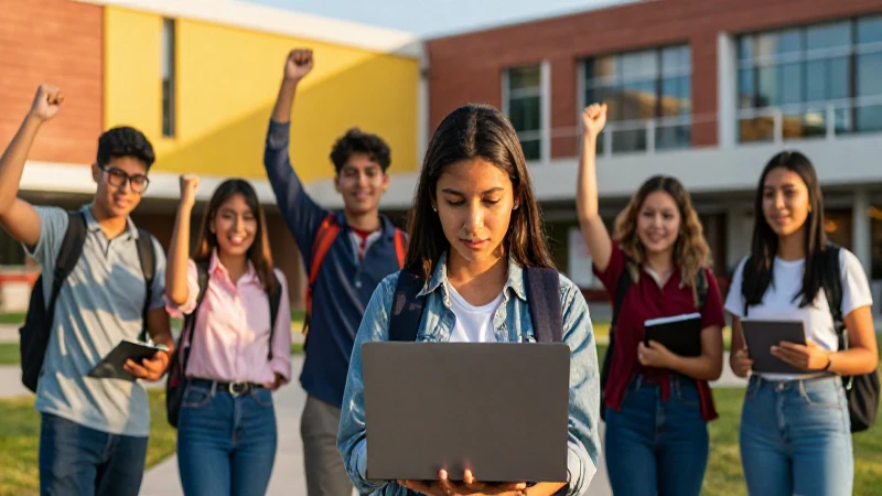 Estudiantes mexicanos motivados en campus vibrante