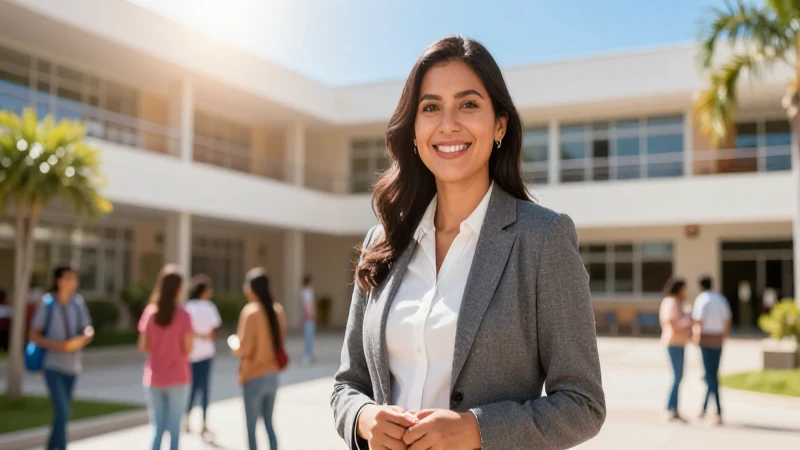 Profesora mexicana sonriente en un campus educativo vibrante