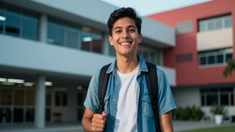 Estudiante mexicano exitoso en campus moderno