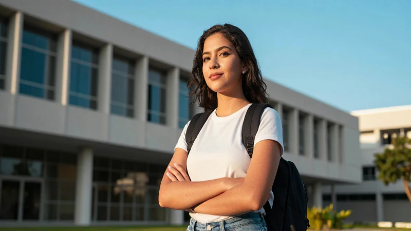 Retrato dinámico de estudiante mexicano en campus dorado
