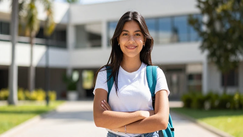 Retrato de estudiante mexicano confiado en campus soleado