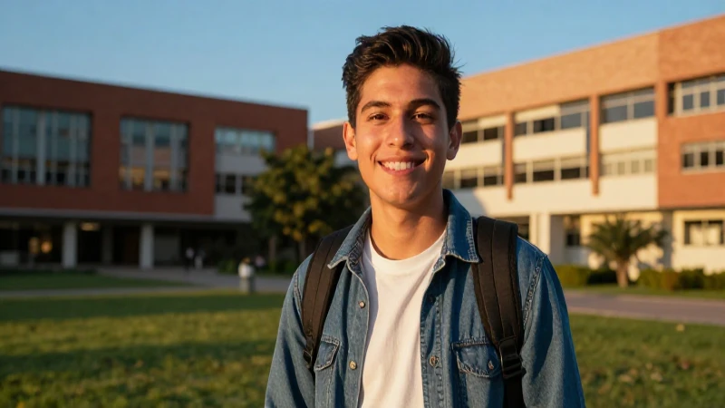 Joven mexicana sonríendo en campus universitario